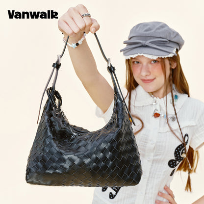 Vanwalk Woven-Texture Embossed Leather Hobo Shoulder Bag V3082