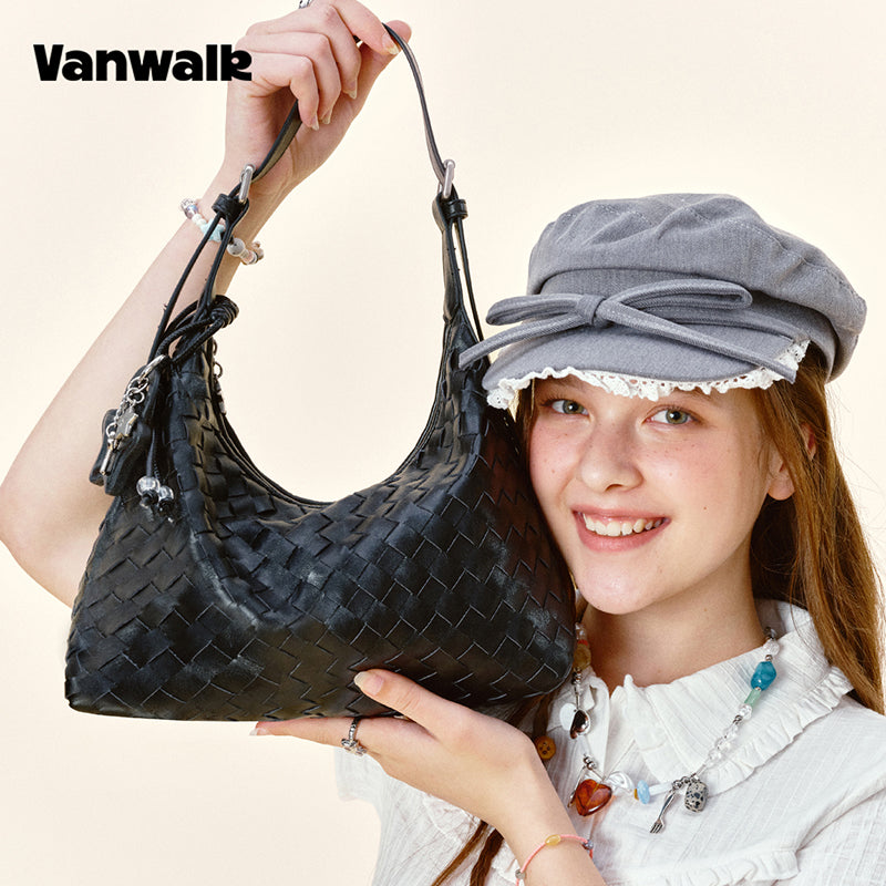 Vanwalk Woven-Texture Embossed Leather Hobo Shoulder Bag V3082
