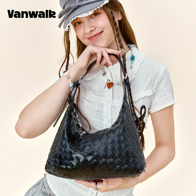Vanwalk Woven-Texture Embossed Leather Hobo Shoulder Bag V3082